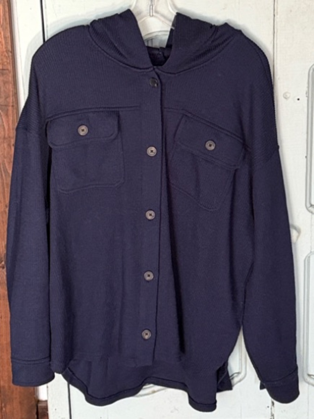 Time and Tru Navy Button-Front Hooded Knit Shirt